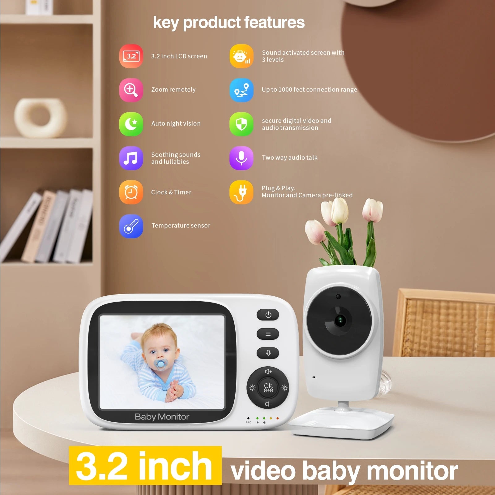 Baby video monitor with 3.2-inch screen
