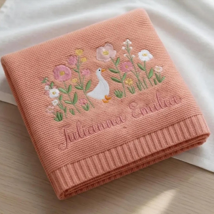 Knitted blanket with embroidered bear and name