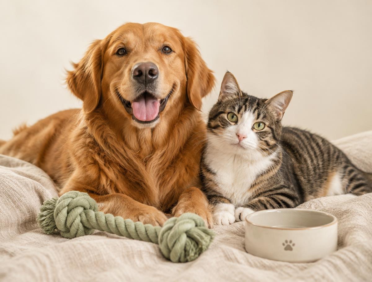 Un chien et un chat heureux avec une corde de jeu et une gamelle
